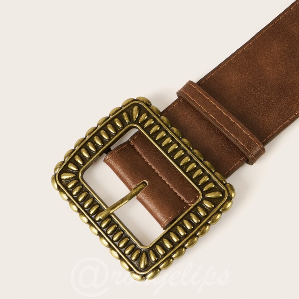 Brown PU Leather Belt Yellow Buckle Wide - Picture 5 of 5